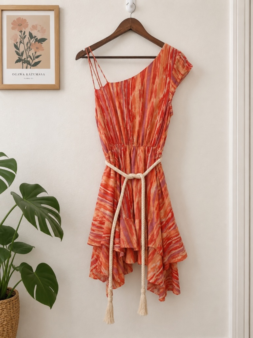 FREE PEOPLE Orange Heart Shaped Face Asymmetrical Belted Cotton Mini Dress XS